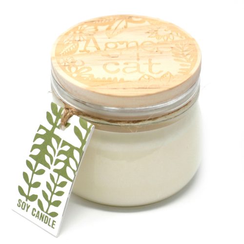 Szójagyertya Üvegben Fa Fedéllel- Rebarbara/180g, ajándékcsomagolás