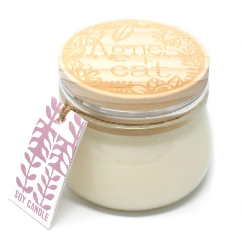 Szójagyertya Üvegben Fa Fedéllel- Tearózsa/180g, ajándékcsomagolás