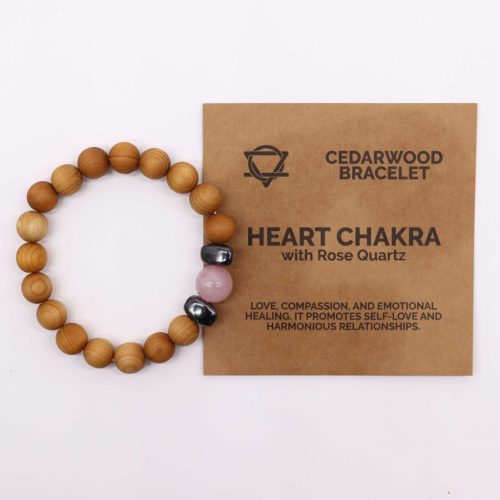 Cédrusfa Szív Chakra Karkötő Rózsakvarccal