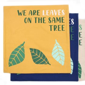   Pamut Párnahuzat Felirattal - We are Leaves - Sárga, Kék és Natúr