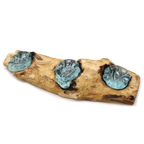 Olvasztott Üveg Fa Alátéten - Lapos Hármas Gyertyatartó