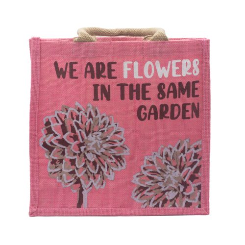 Juta Táska Felirattal - We are Flowers - Olívazöld, Rózsaszín és Natúr