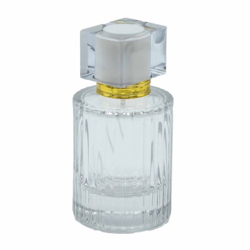 Fehér - 50ml Kerek Bordás Üveg, Szórófej és Kupak
