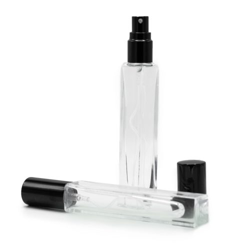 10ml Négyzetes Magas Üveg, Szórófej és  Fekete Kupak