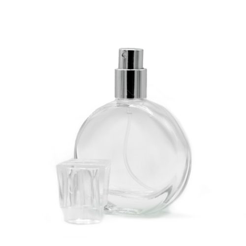 30ml Ovális Üveg, Ezüst Szórófej és Áttetsző Kupak