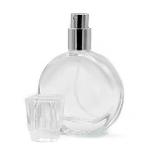 50ml Ovális Üveg, Ezüst Szórófej és Áttetsző Kupak