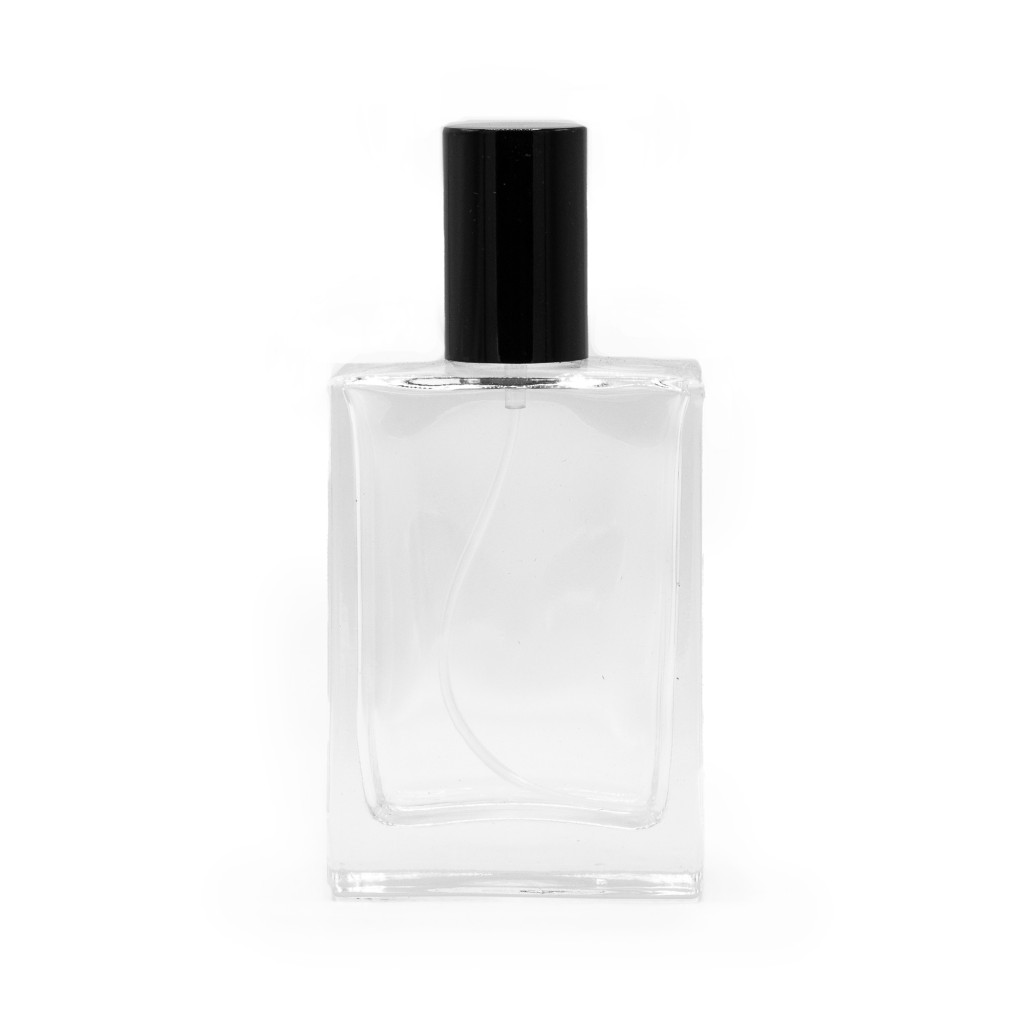 50ml Négyzetes Üveg, Szórófej és Fekete Kupak